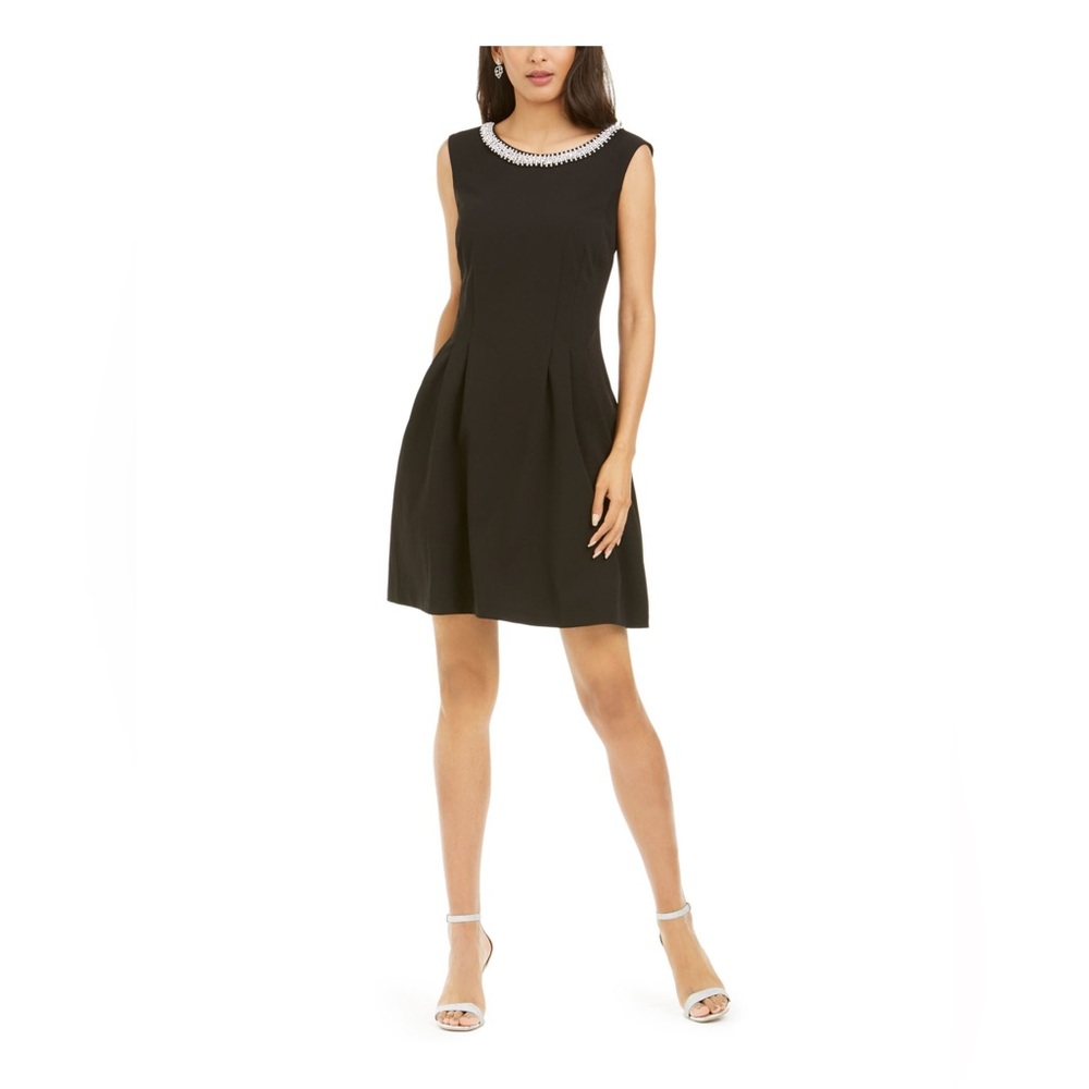 Connected Apparel Black Sleeveless Fit and Flare Dress with Embellished Neckline